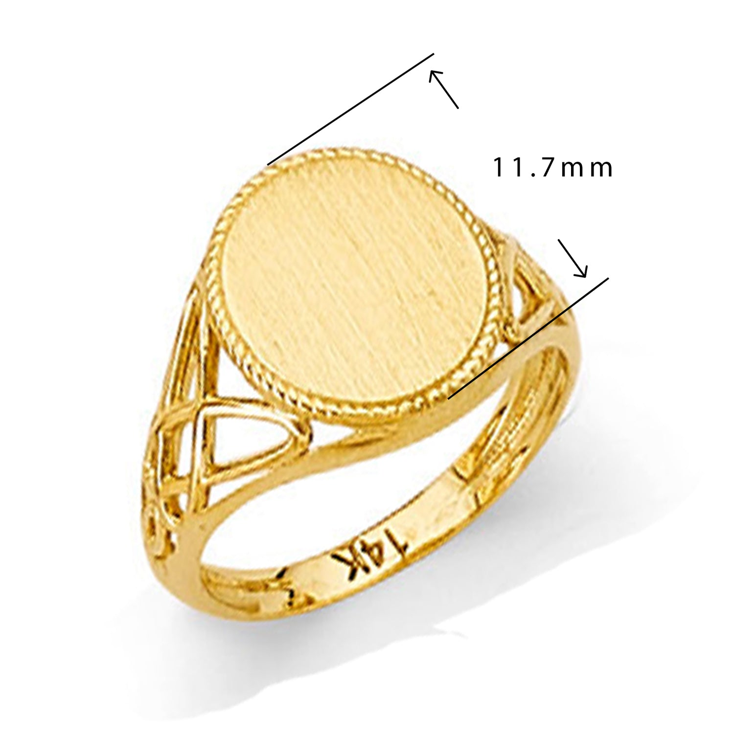Filigree Round Signet Ring in Solid Gold with Measurement