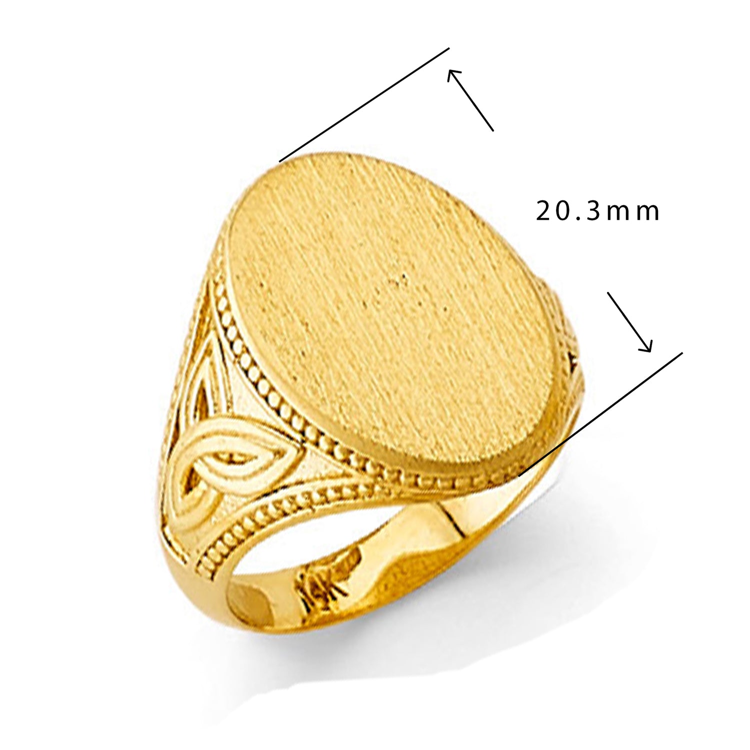 Fancy Filigree Oval Signet Ring in Solid Gold with Measurement