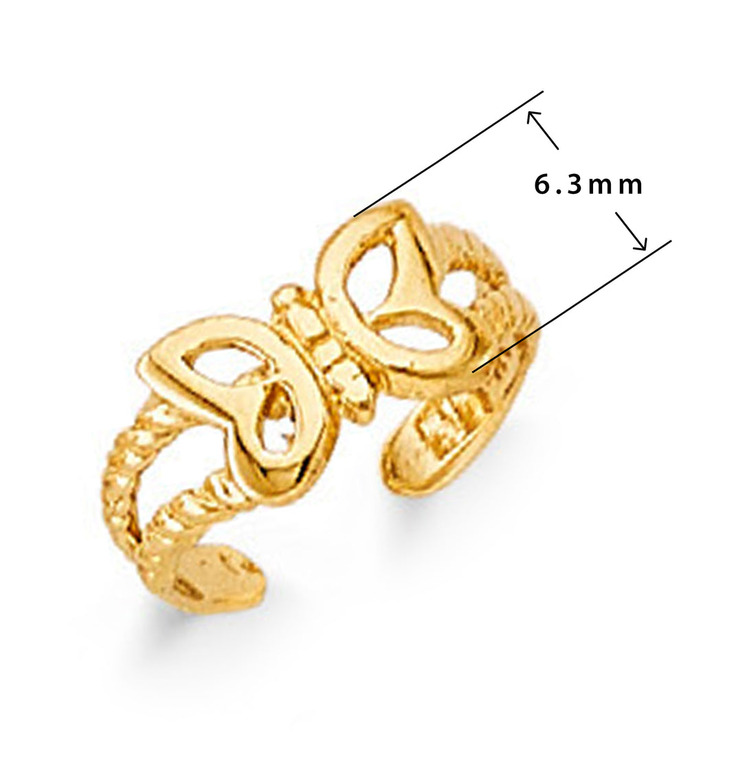 Hollow Butterfly Radiant Ring in Solid Gold with Measurement