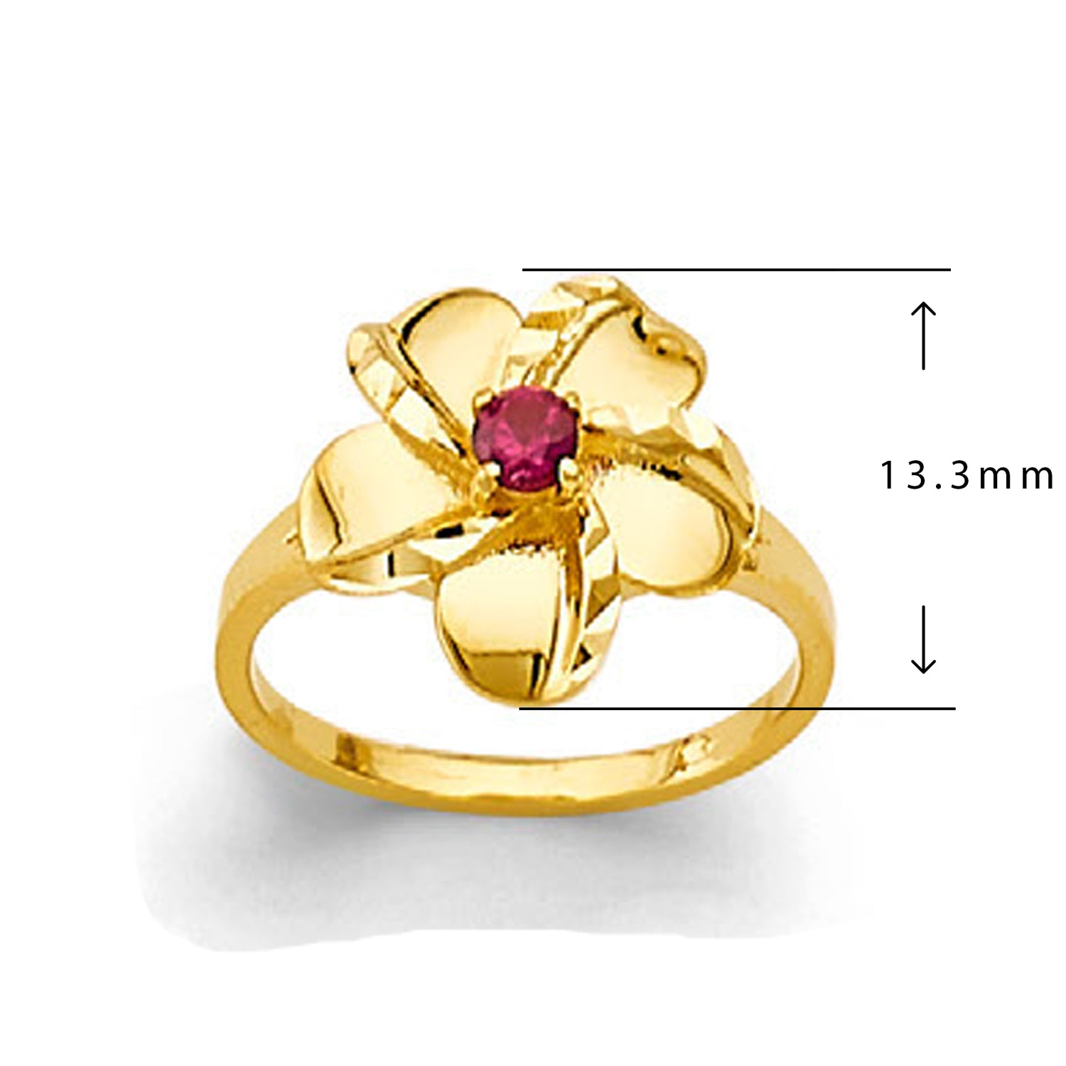 Ruby-studded Five Petals Flower Ring in Solid Gold with Measurement