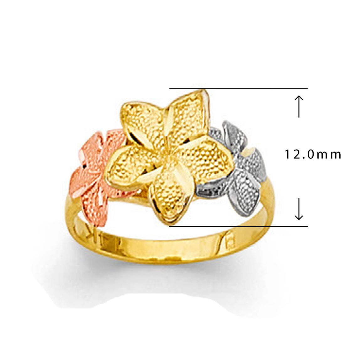 Tricolor Plumeria Ring in Solid Gold with Measurement