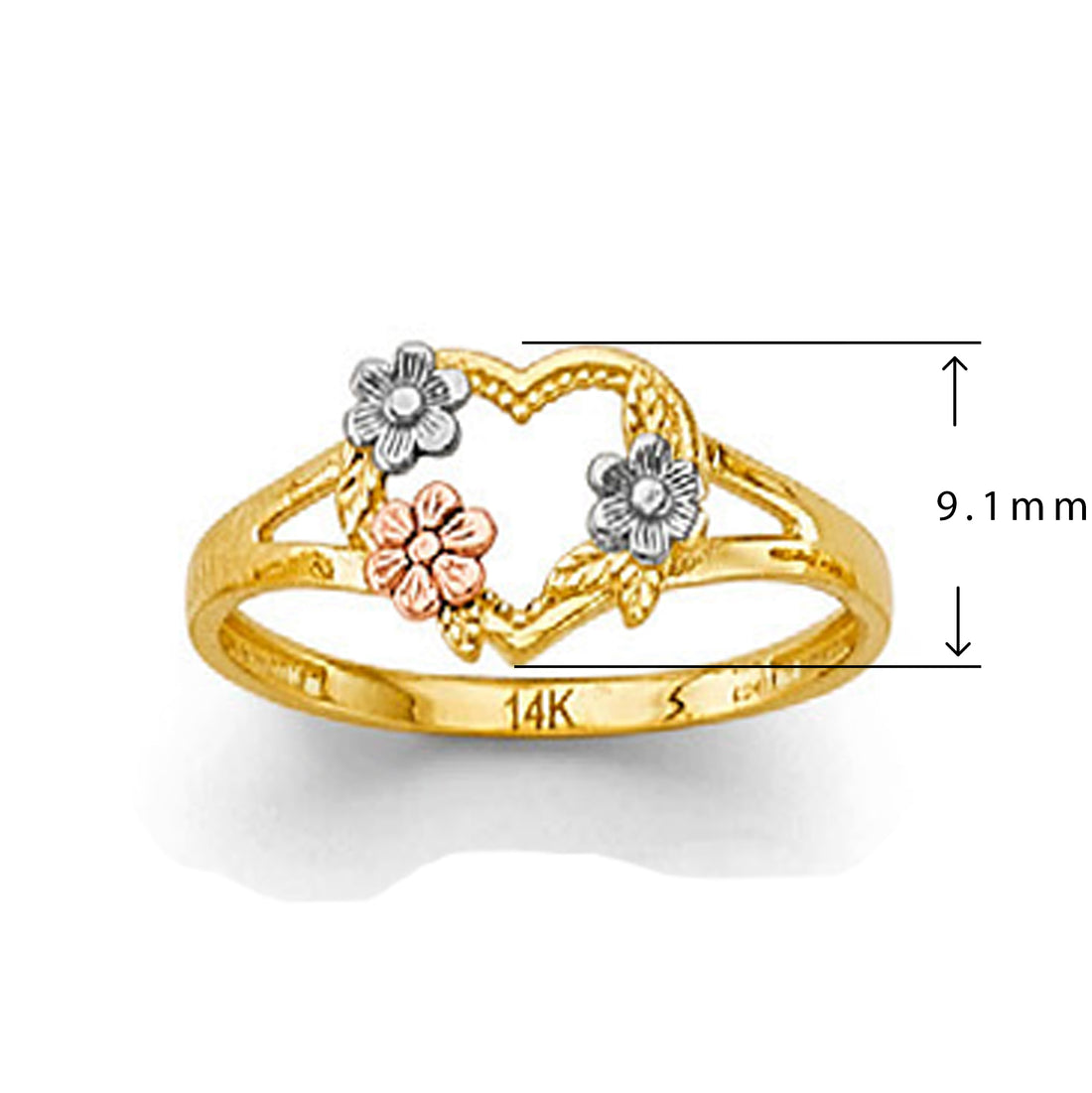 Triple Flower Heart Ring in Solid Gold with Measurement