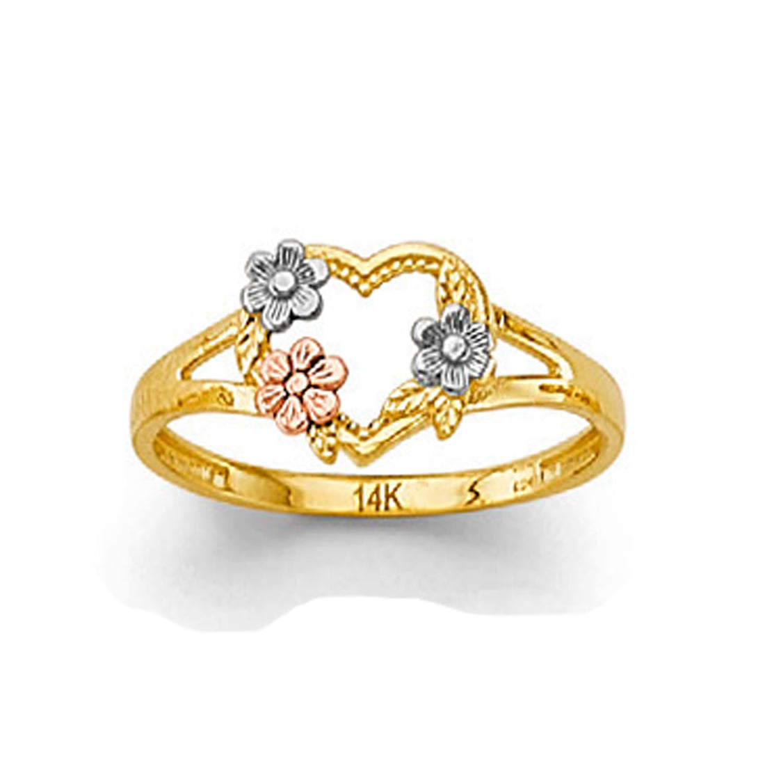 Triple Flower Heart Ring in Solid Gold 