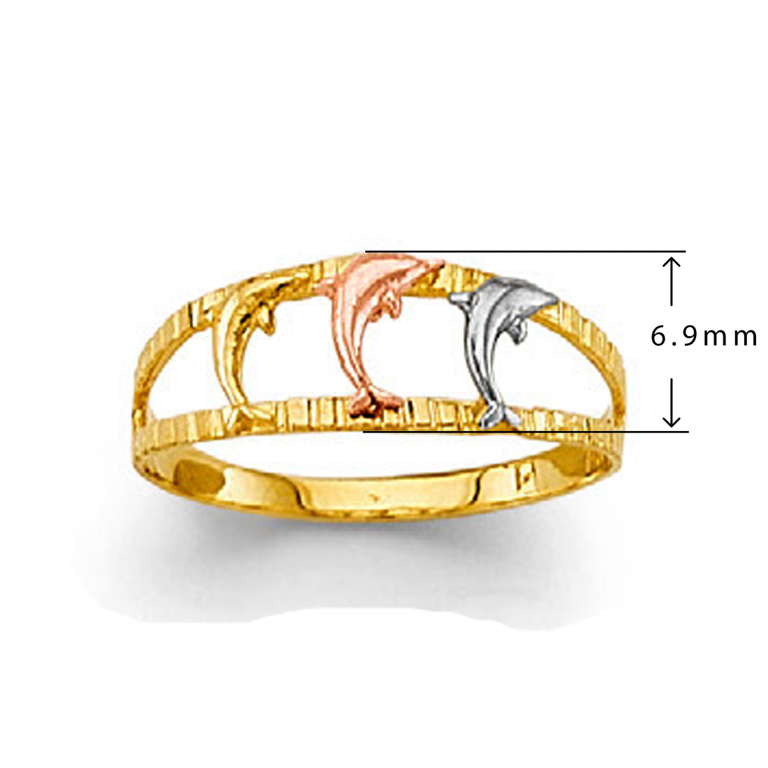 Fancy Triple tone Dolphin Ring in Solid Gold with Measurement