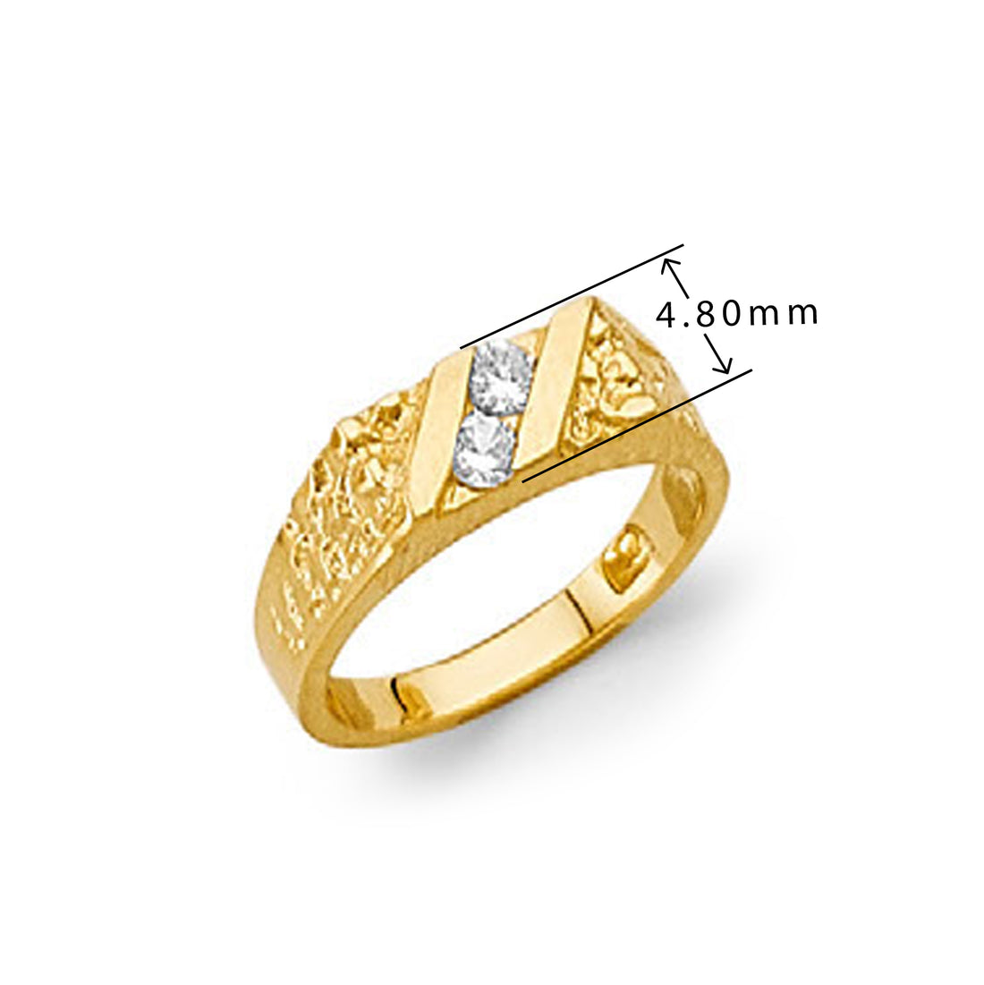 CZ Three-stone Nugget Finger Ring in Solid Gold with Measurement