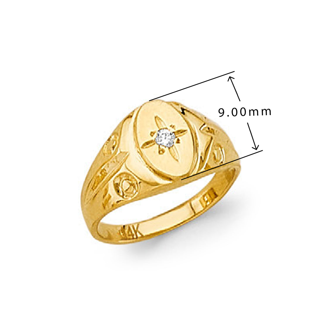 CZ Designer Star Signet Ring in Solid Gold with Measurement