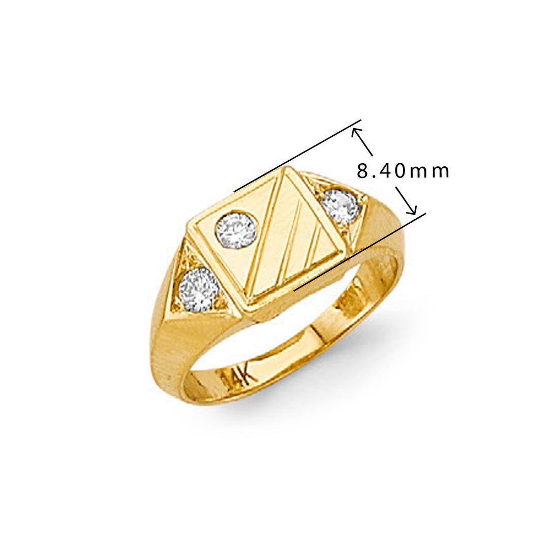 CZ Lucky Charm 3-stone Signet Ring in Solid Gold with Measurement