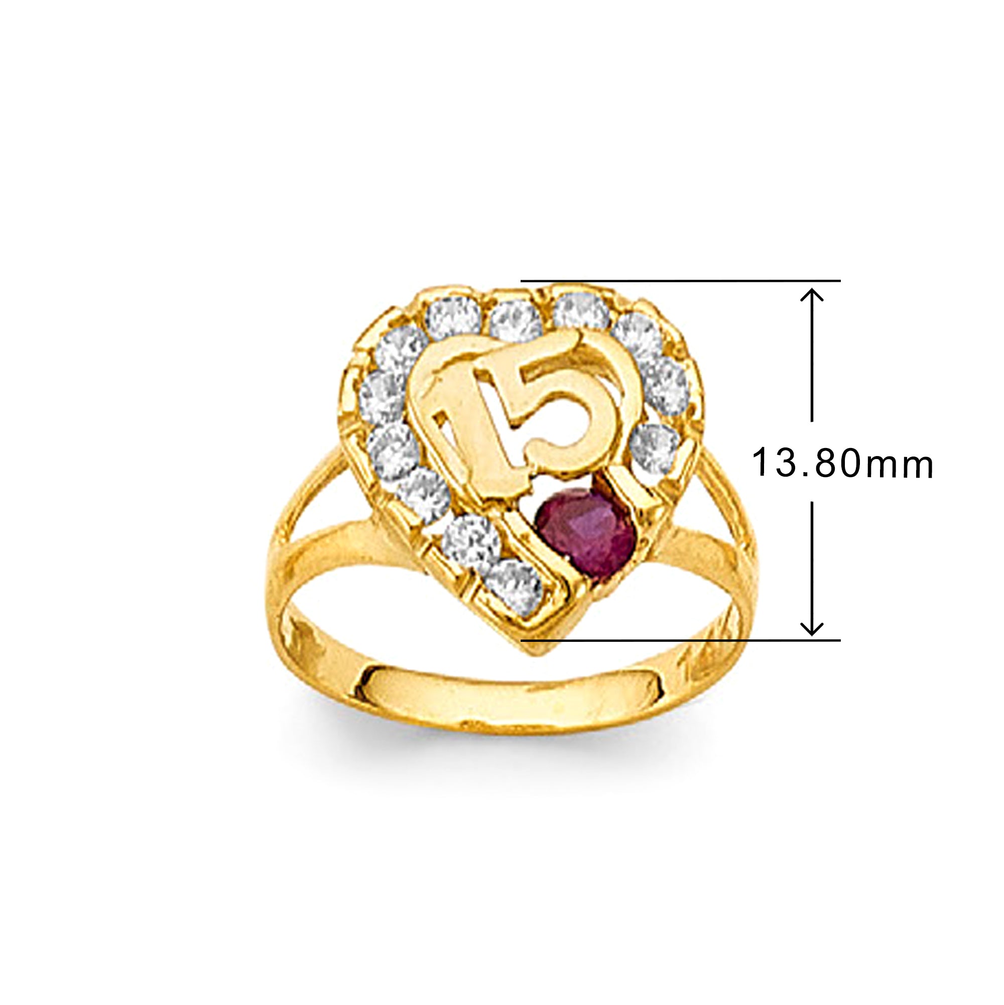 CZ Ruby Quince 15 Anos Ring in Solid Gold with Measurement