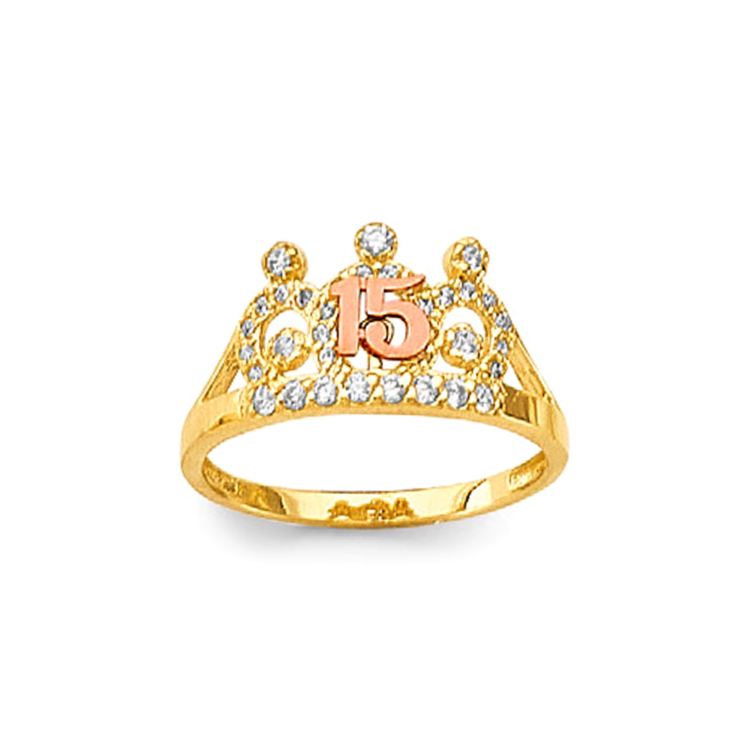 CZ Textured Tiara 15 Anos Ring in Solid Gold 