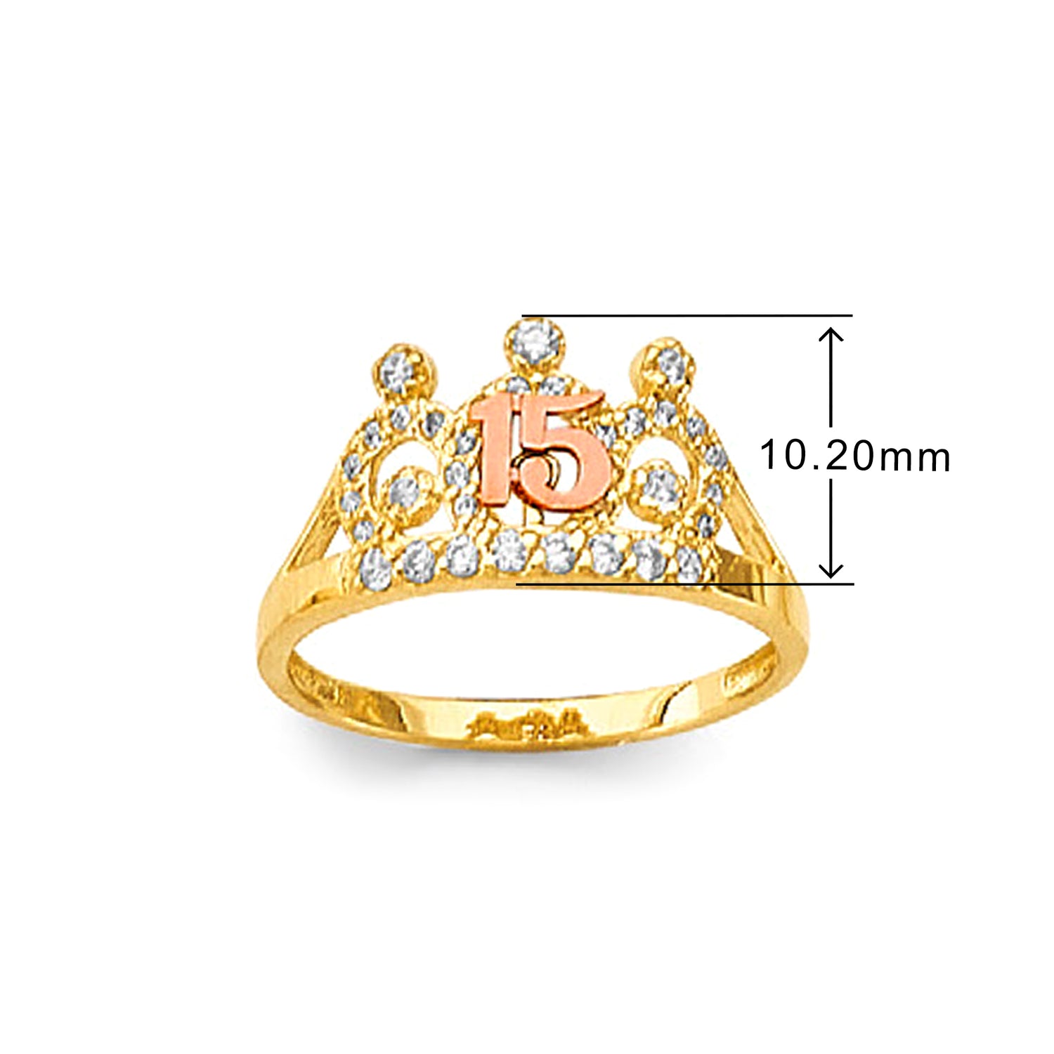 CZ Textured Tiara 15 Anos Ring in Solid Gold with Measurement