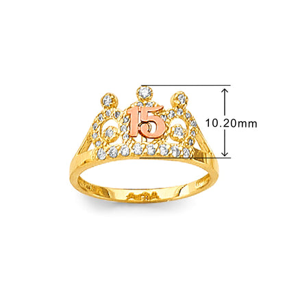 CZ Textured Tiara 15 Anos Ring in Solid Gold with Measurement