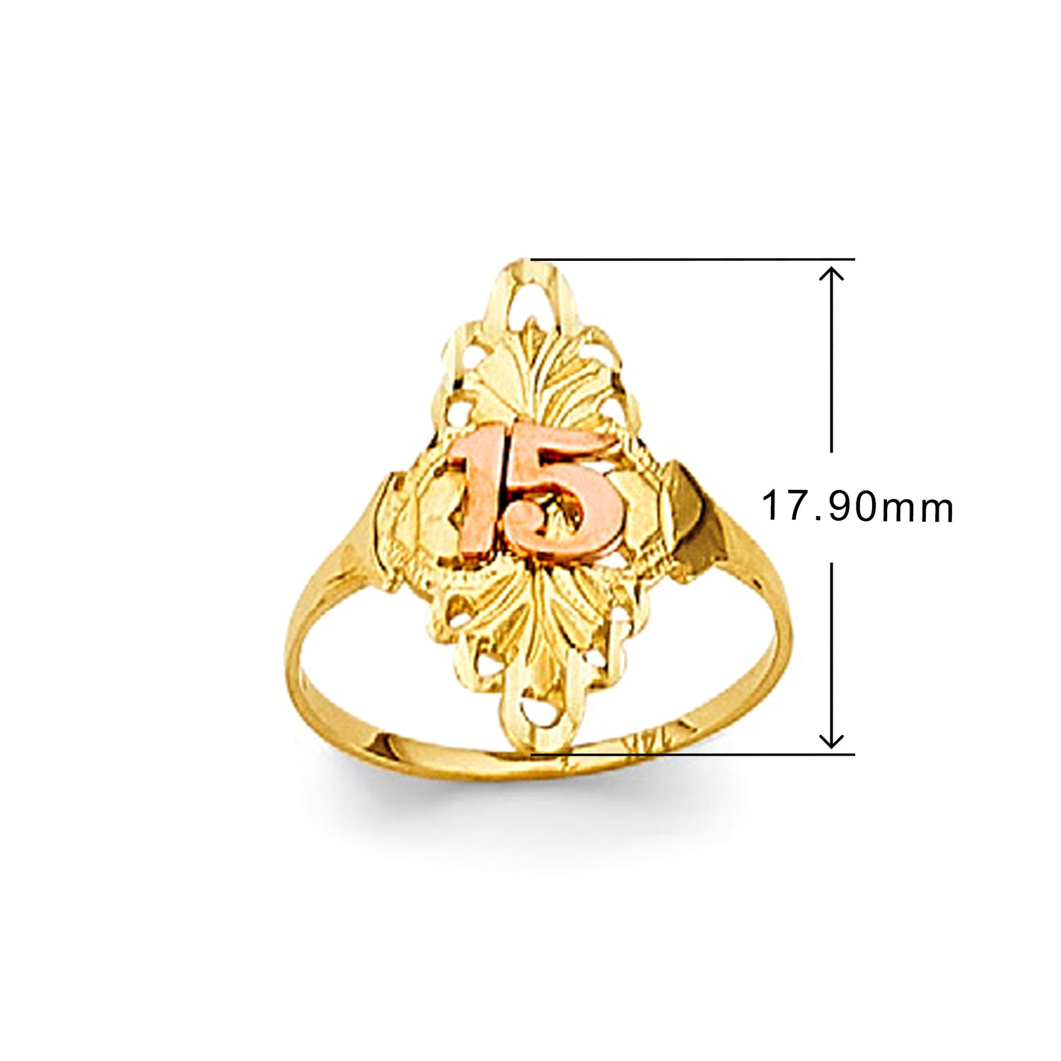 Shimmering Classic 15 Anos Party Ring in Solid Gold with Measurement