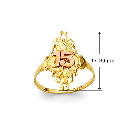 Shimmering Classic 15 Anos Party Ring in Solid Gold with Measurement