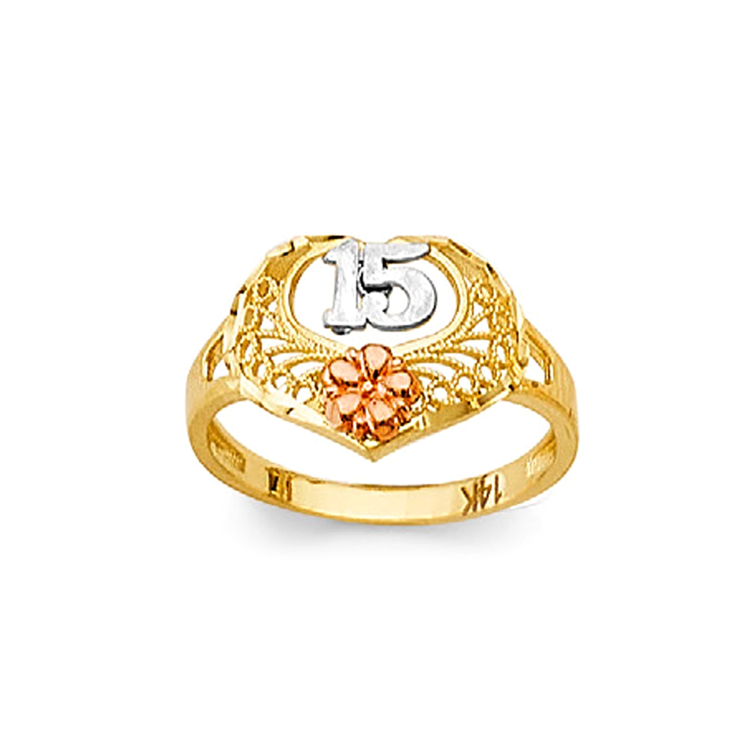 Hollow Textured 15th Anos Heart Ring in Solid Gold 