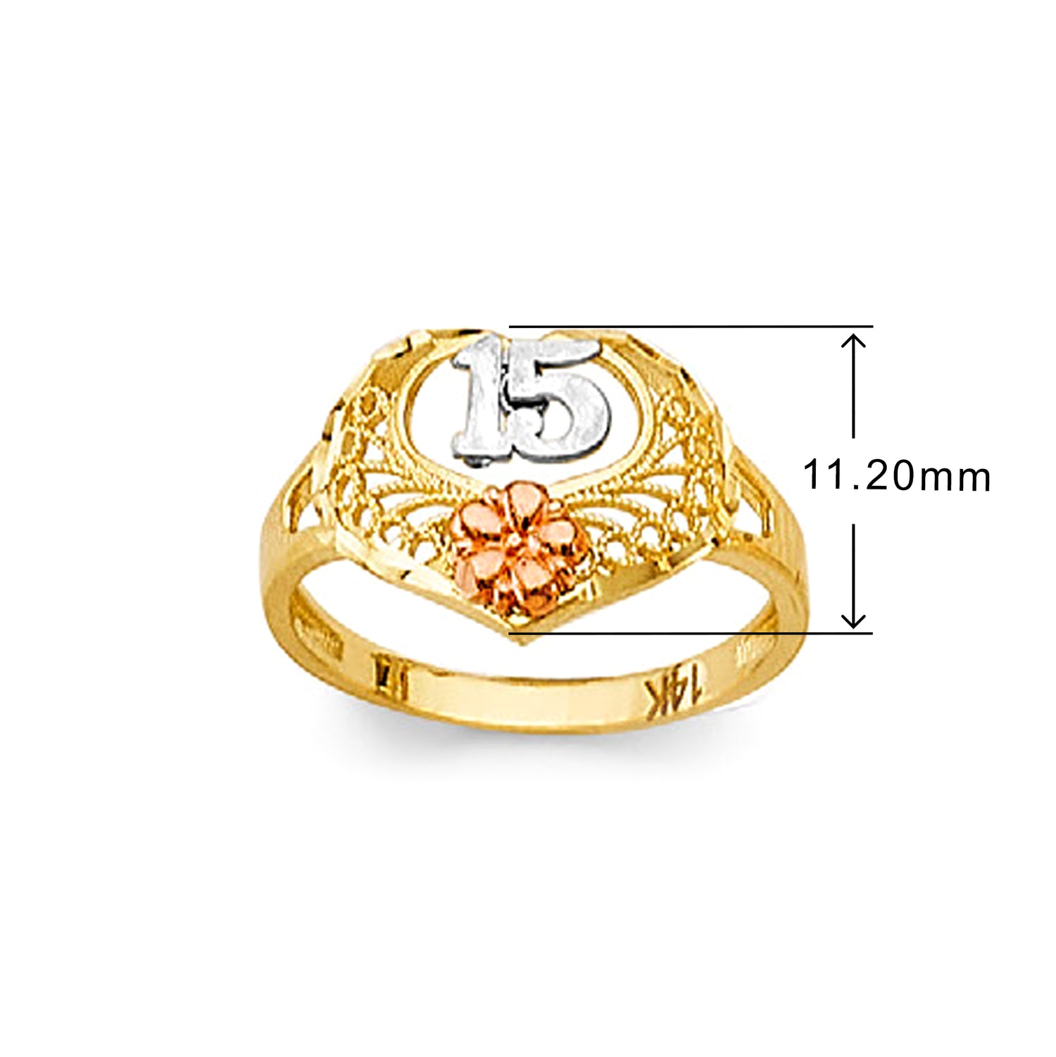 Hollow Textured 15th Anos Heart Ring in Solid Gold with Measurement