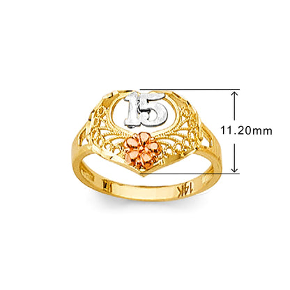 Hollow Textured 15th Anos Heart Ring in Solid Gold with Measurement