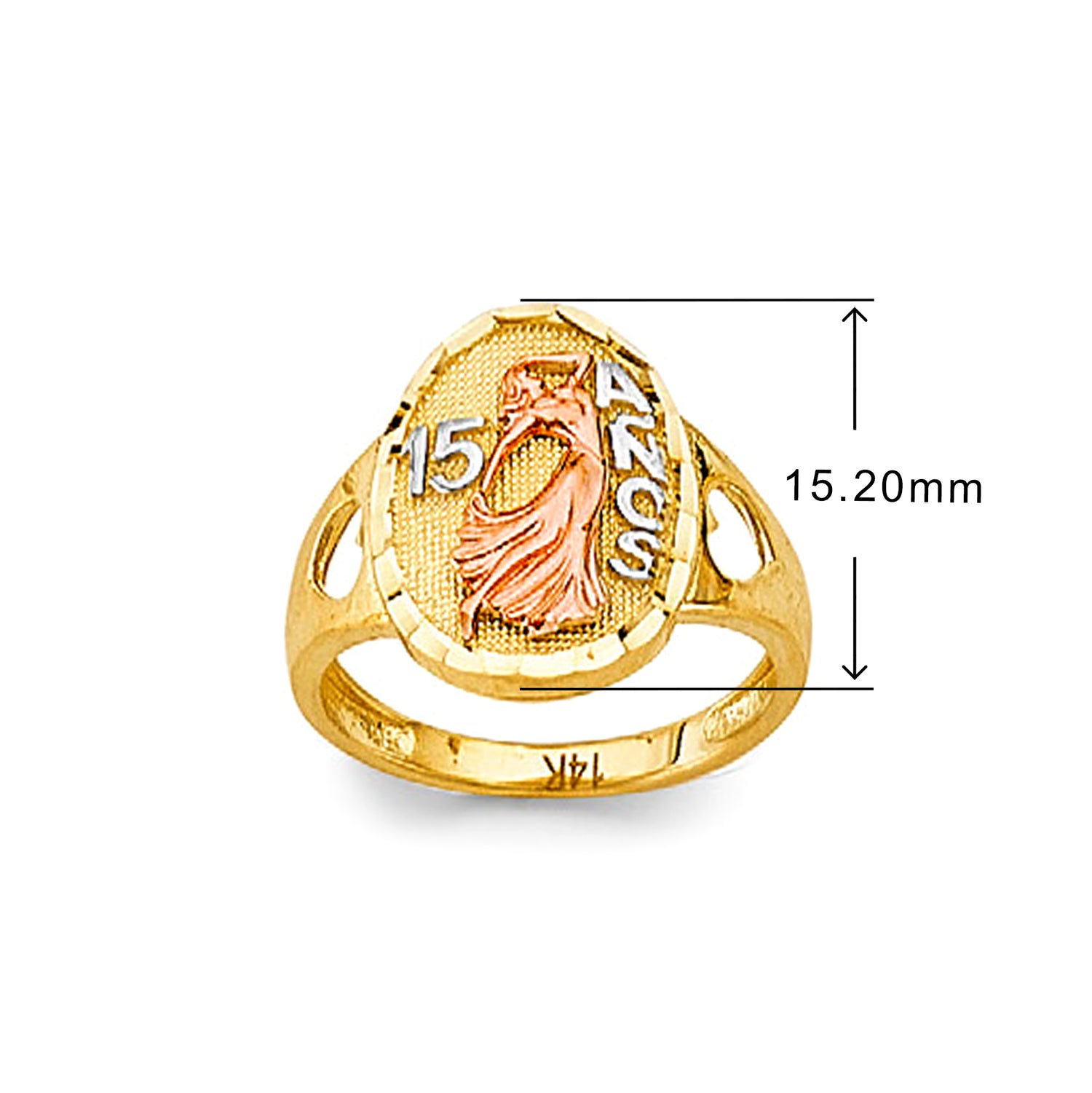 Dancing Diva 15th Anos Ring in Solid Gold with Measurement