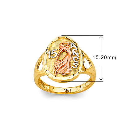 Dancing Diva 15th Anos Ring in Solid Gold with Measurement