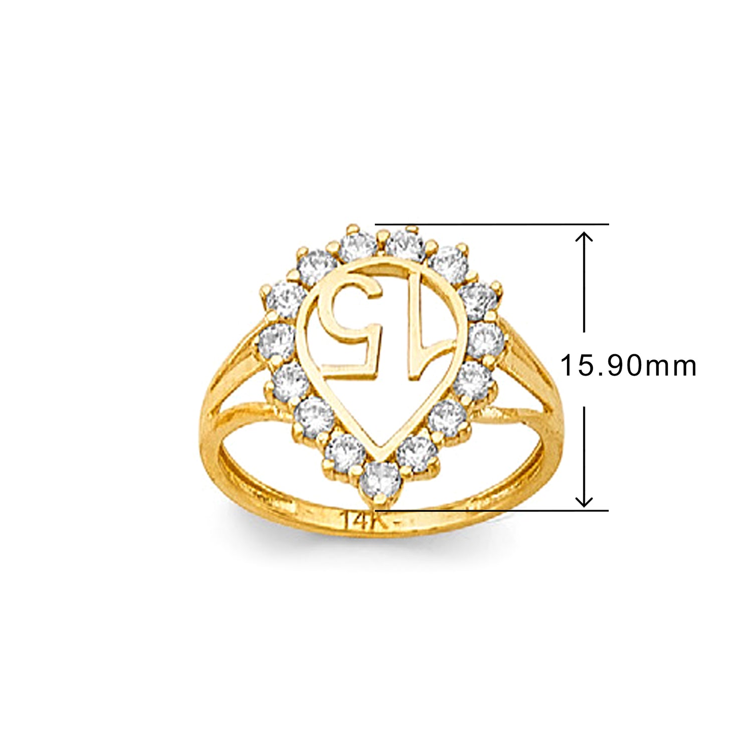 Quinceanera Tear Drop 15 Anos Ring in Solid Gold with Measurement