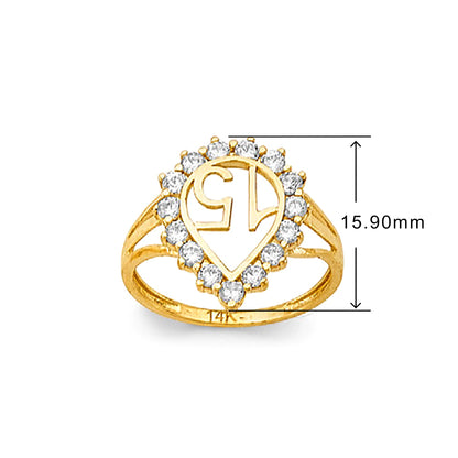 Quinceanera Tear Drop 15 Anos Ring in Solid Gold with Measurement