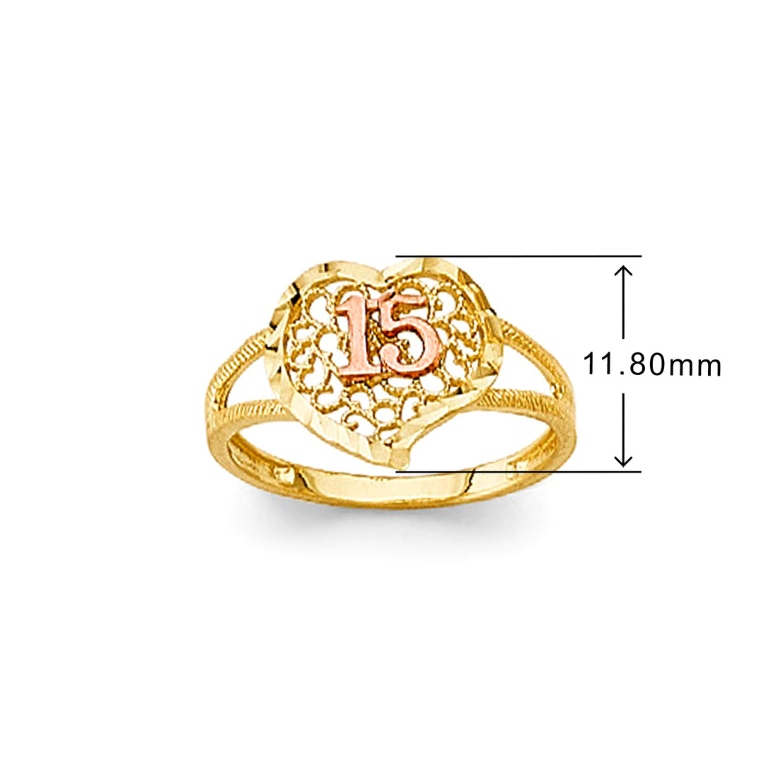 Fancy 15th Anniversary Filigree Ring in Solid Gold with Measurement