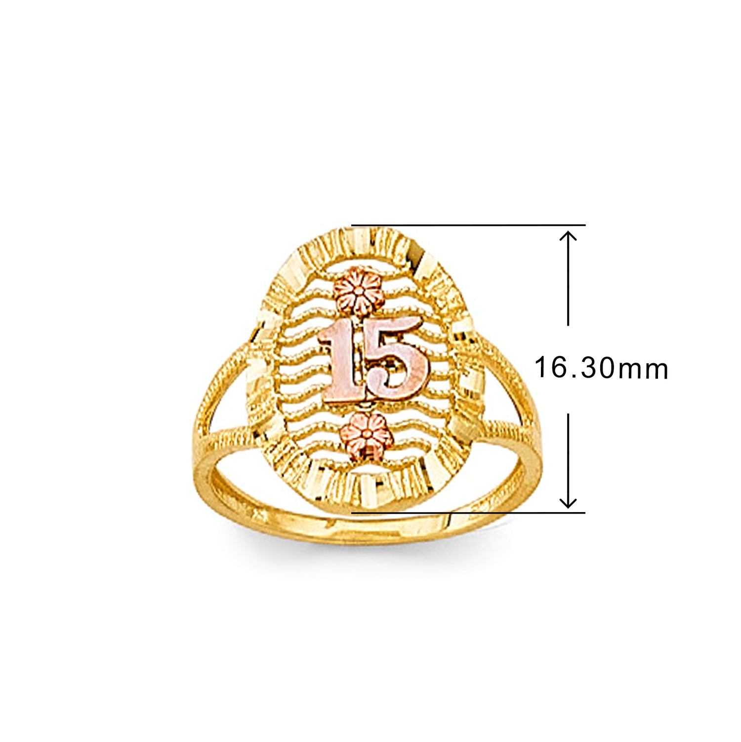 CZ Radiant 15 Anos Sand Dune Ring in Solid Gold with Measurement