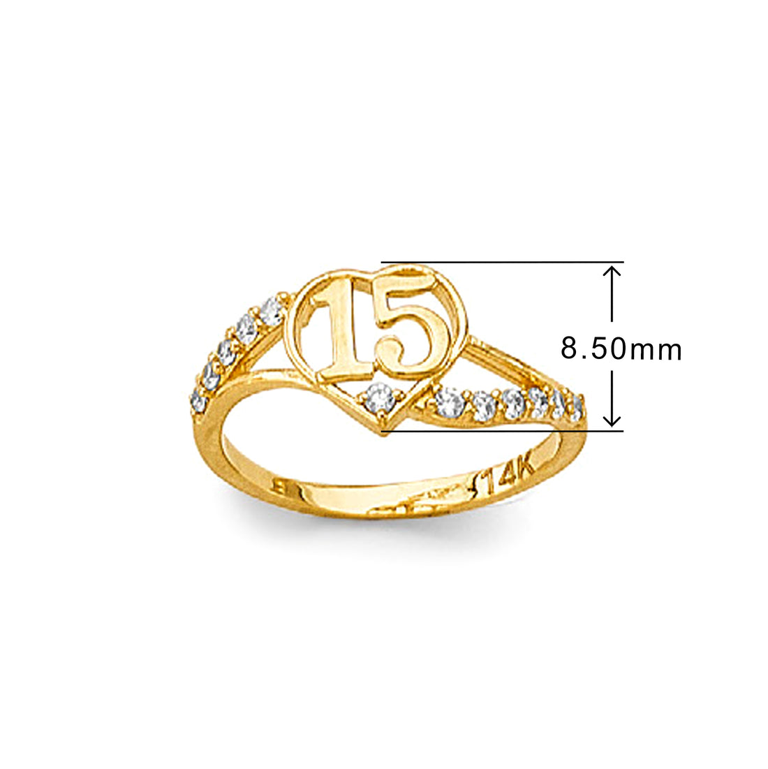 CZ Sweet 15 Ring in Solid Gold with Measurement