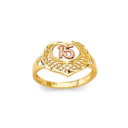 Quirky Quinceanera 15th Anniversary Ring in Solid Gold 