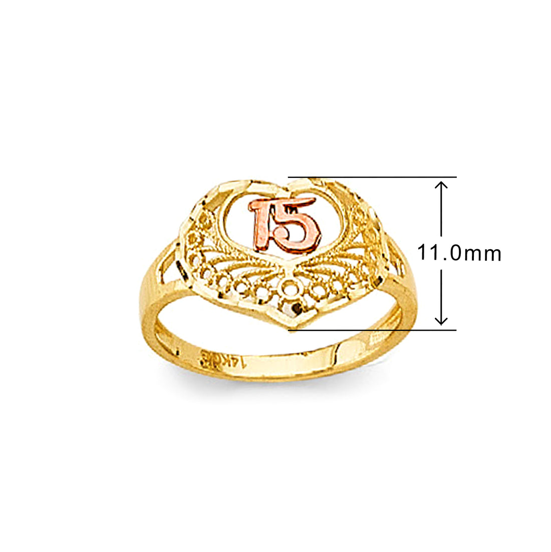 Quirky Quinceanera 15th Anniversary Ring in Solid Gold with Measurement