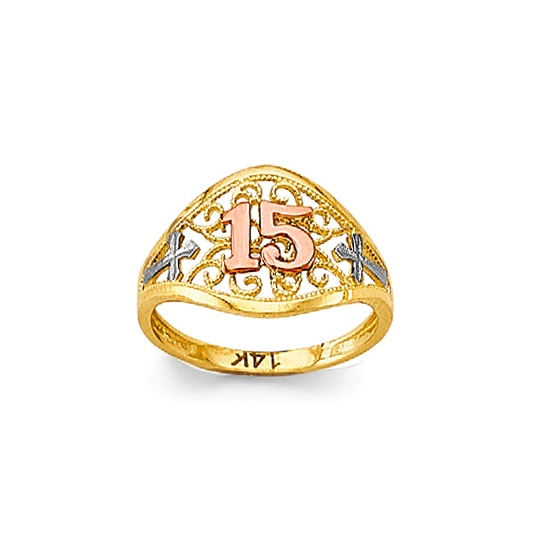 Hollow Filigree Cross 15th Anos Ring in Solid Gold 