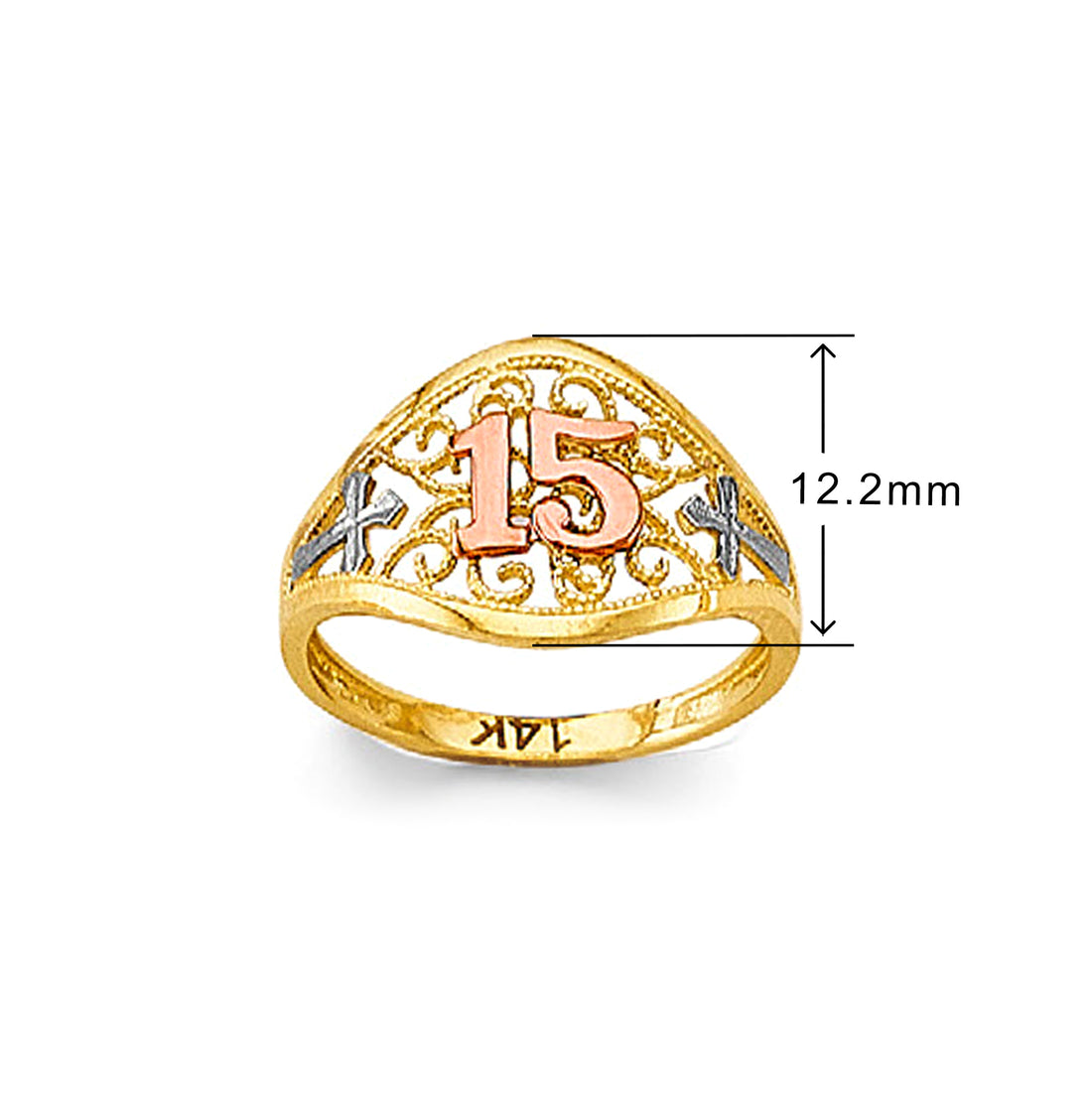 Hollow Filigree Cross 15th Anos Ring in Solid Gold with Measurement