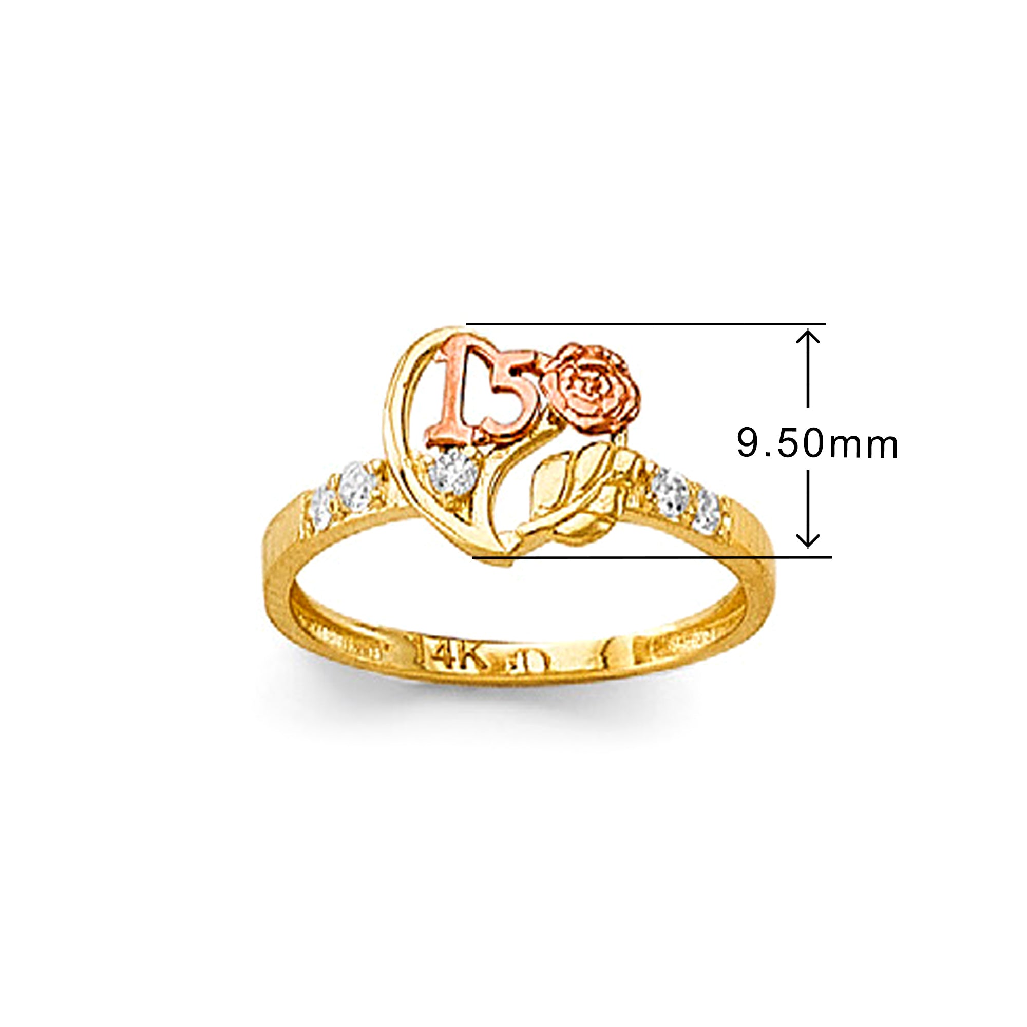 CZ 15th Anniversary Minimal Heart Ring in Solid Gold with Measurement