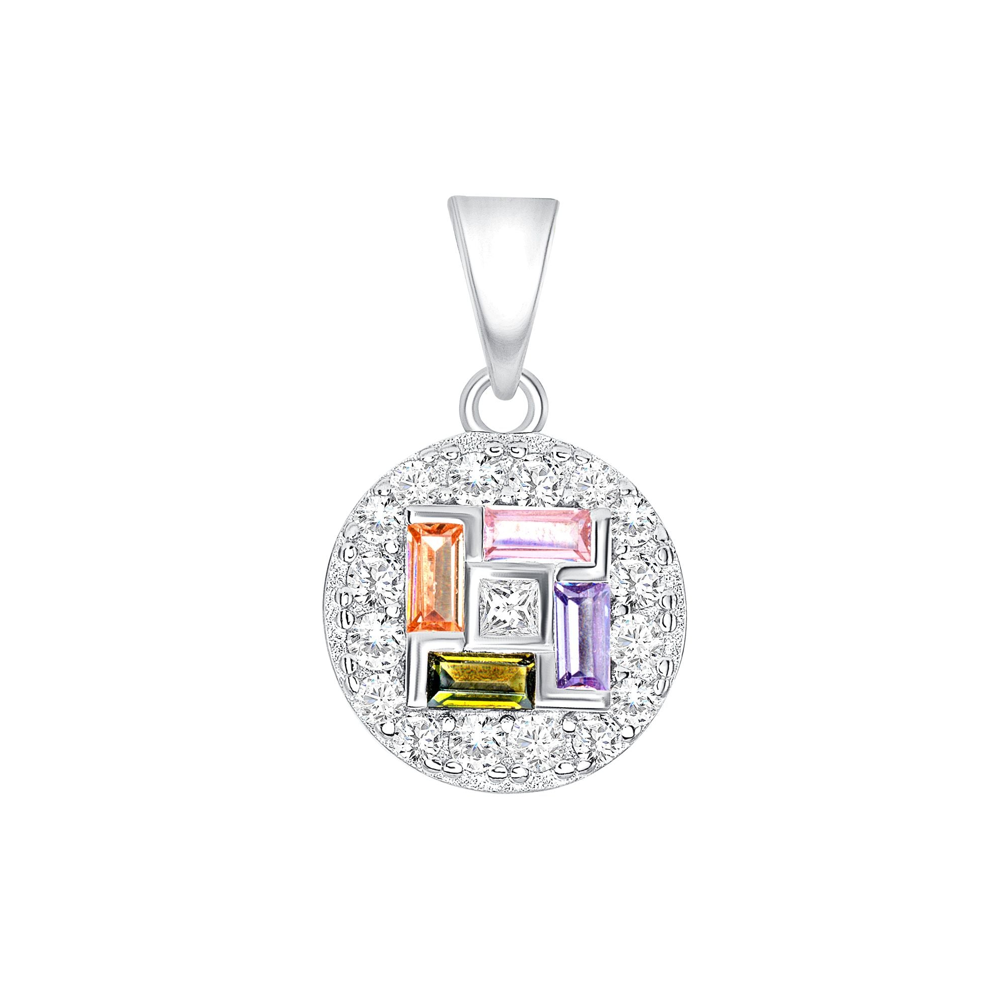 925 Sterling Silver Multicolor Baguette Cut CZ &amp; Pavé CZ Mosaic Pendant &amp; Stud Earrings Jewelry Set