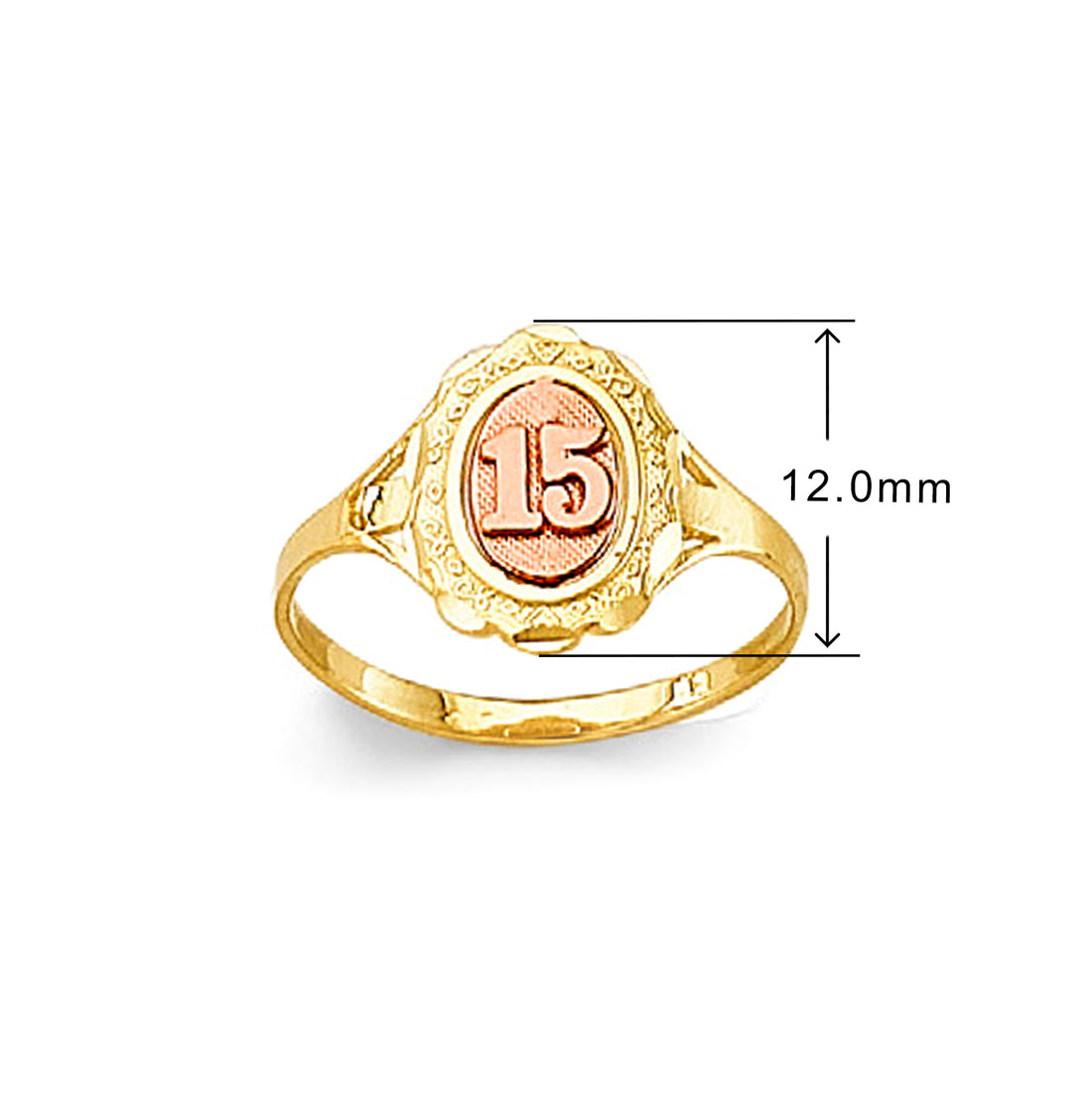 Handcrafted Two-tone 15th Anos Filigree Ring in Solid Gold with Measurement