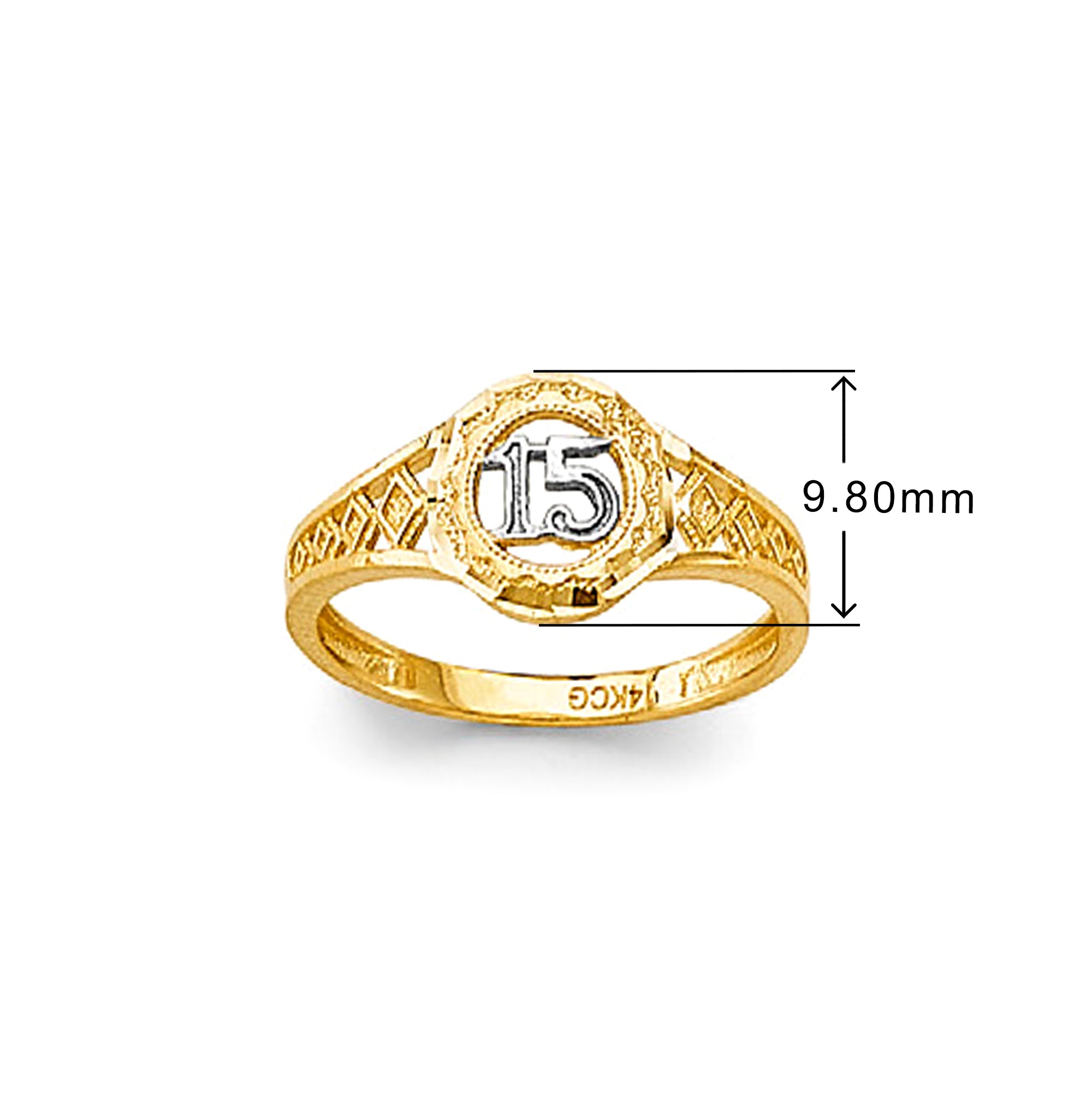 CZ 15th Anniversary Floral Ring in Solid Gold with Measurement