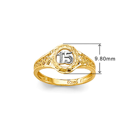 CZ 15th Anniversary Floral Ring in Solid Gold with Measurement