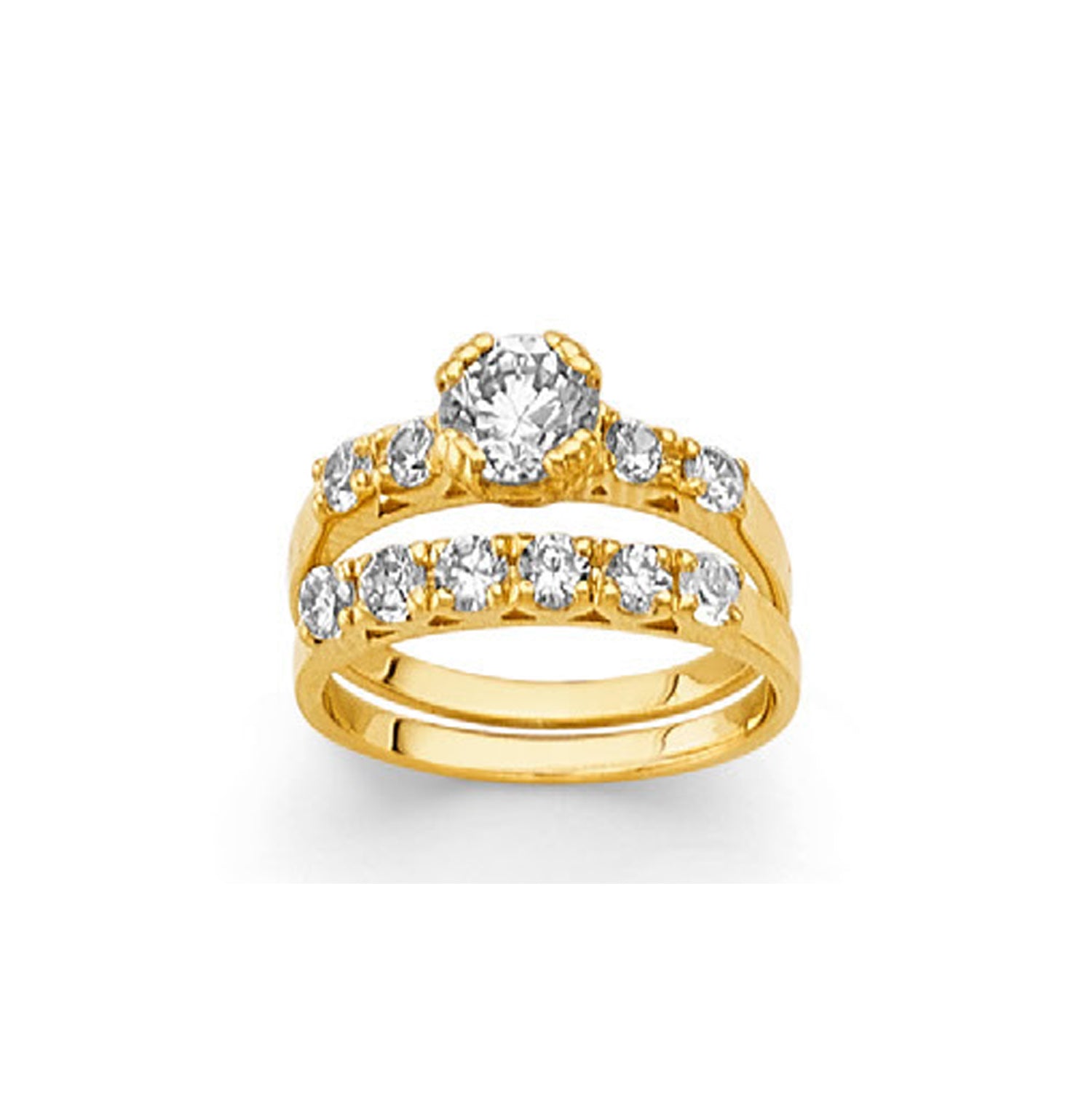 CZ Round-cut Stone Solitaire Wedding Ring Set in Solid Gold 