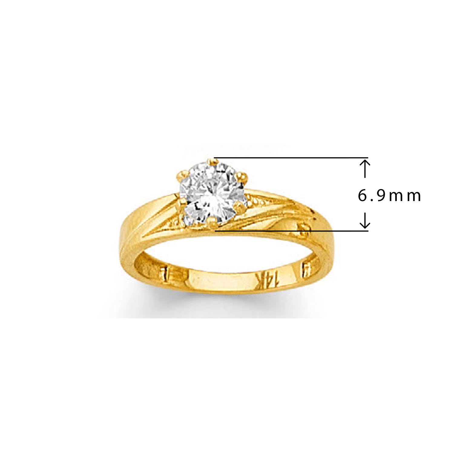 CZ Striped Solitaire Ring in Solid Gold with Measurement