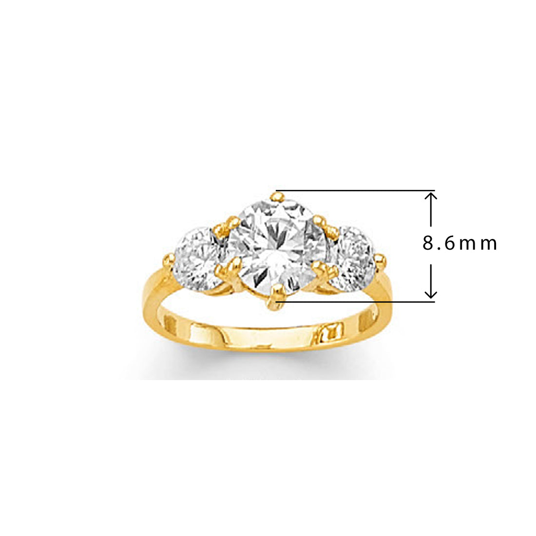 CZ 3-stone Thoughtful Promise Ring in Solid Gold with Measurement