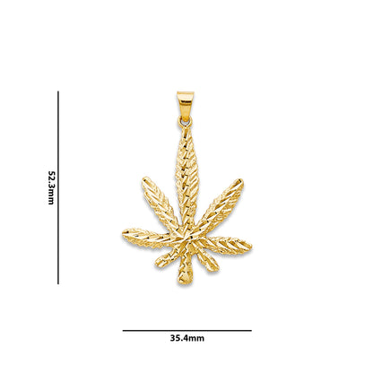 Yellow Gold Elongated Cannbis Leaf Pendant with Measurement