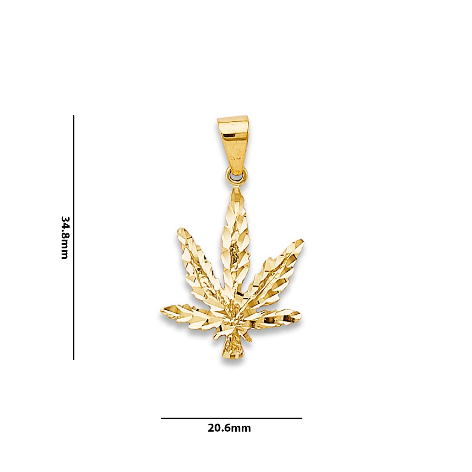 Yellow Gold Sharp Diamond-cut Cannabis Charm Pendant with Measurement