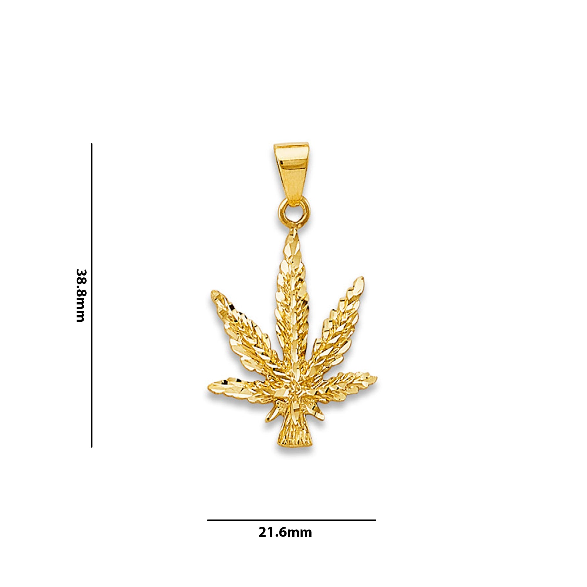 Yellow Gold Textured Intricate Diamond-cut Cannabis Pendant with Measurement