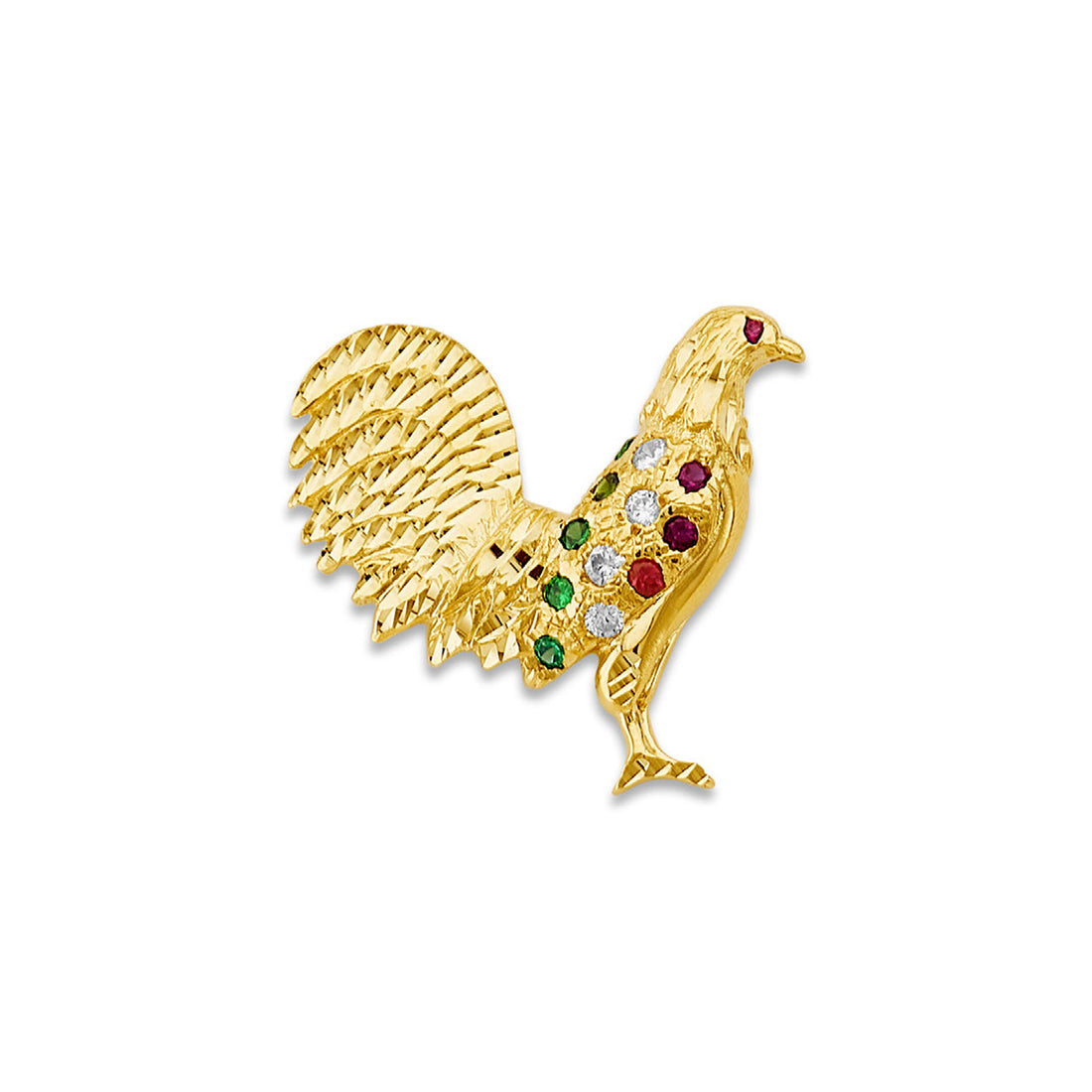 Yellow Gold Round Multicolor CZ Rooster Pendant 