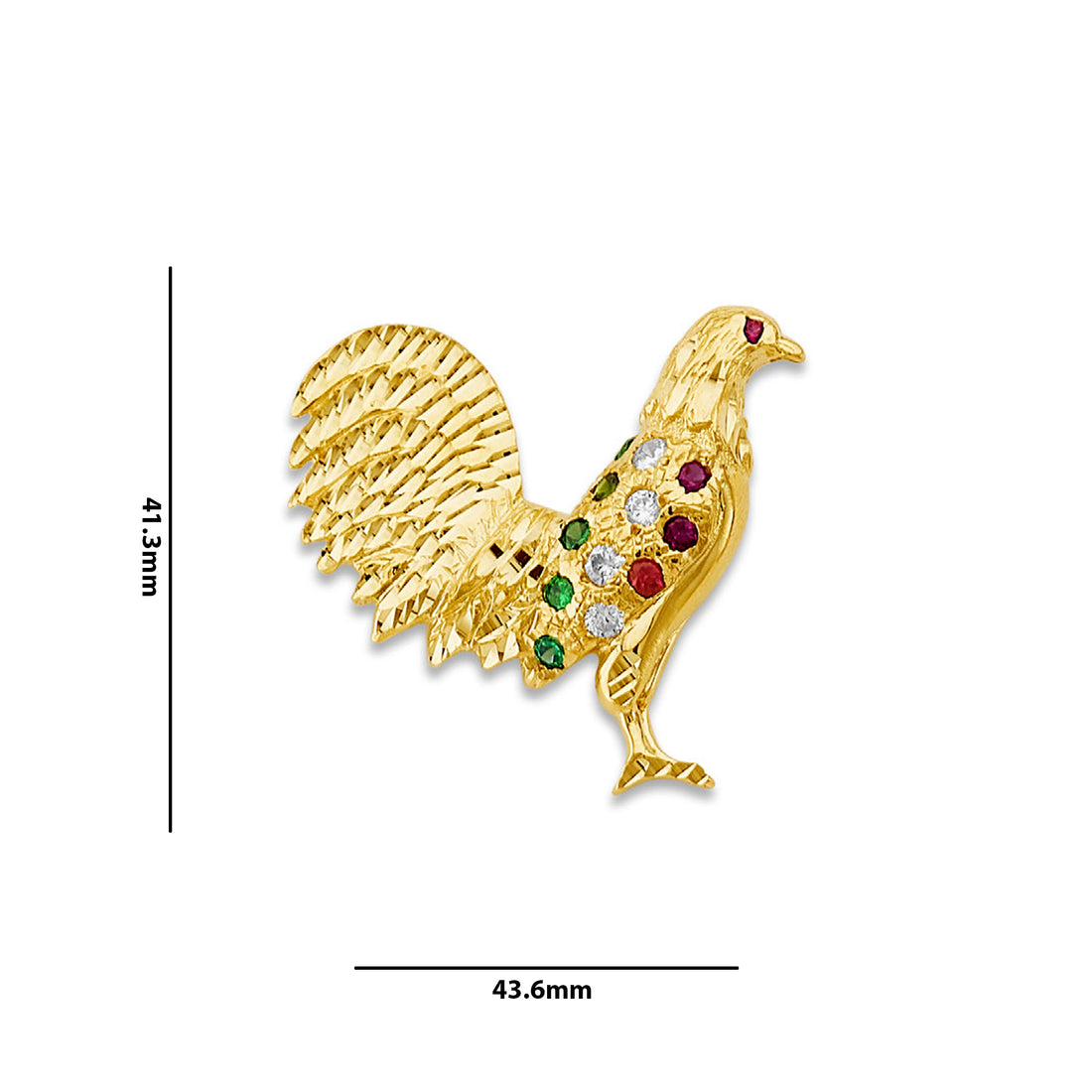 Yellow Gold Round Multicolor CZ Rooster Pendant  with Measurement