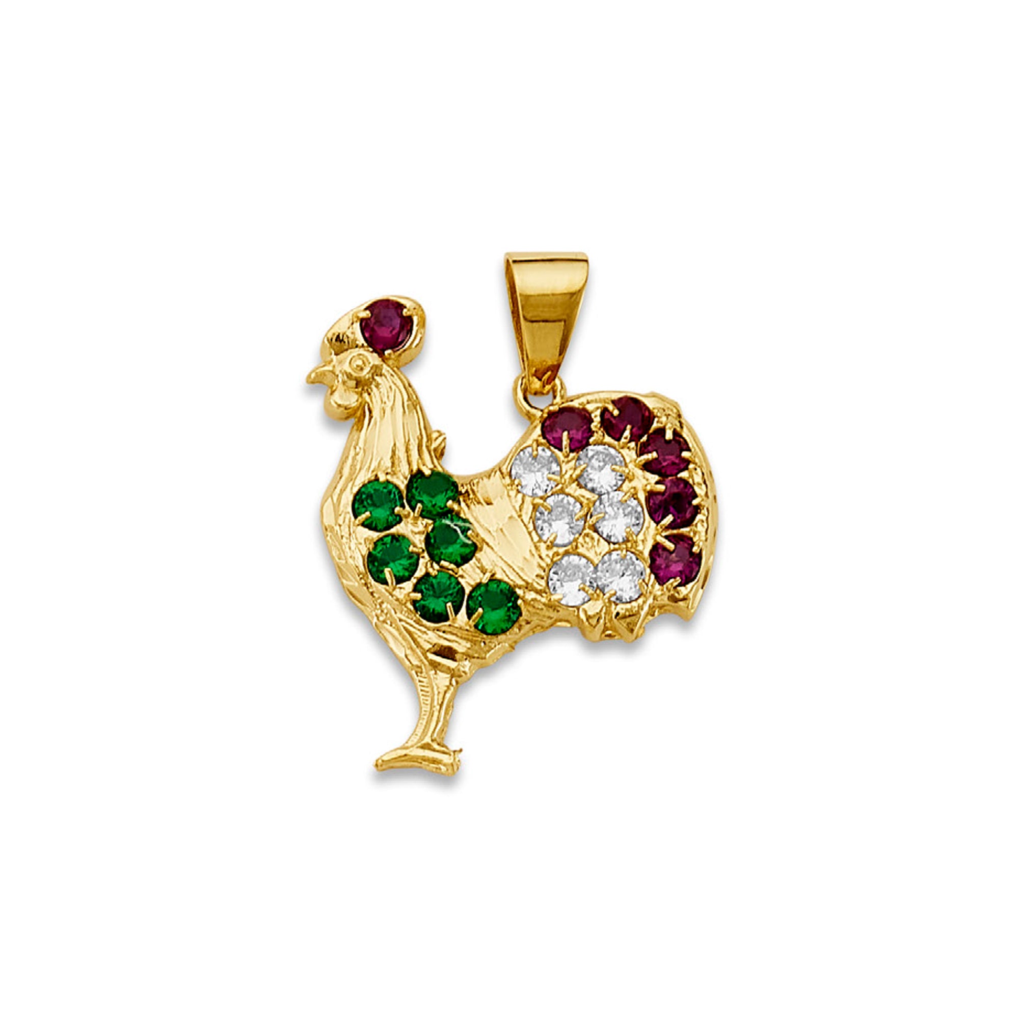 Yellow Gold Round Multicolor CZ Rooster Decor Pendant