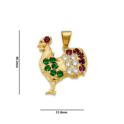 Yellow Gold Round Multicolor CZ Rooster Decor Pendant with Measurement