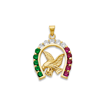 Yellow Gold Round Multicolor CZ American Eagle Horseshoe Charm Pendant