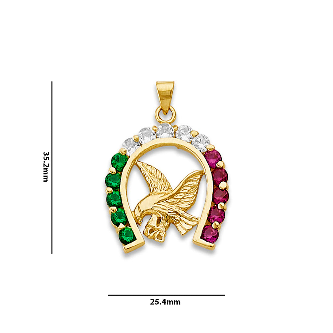 Yellow Gold Round Multicolor CZ American Eagle Horseshoe Charm Pendant with Measurement