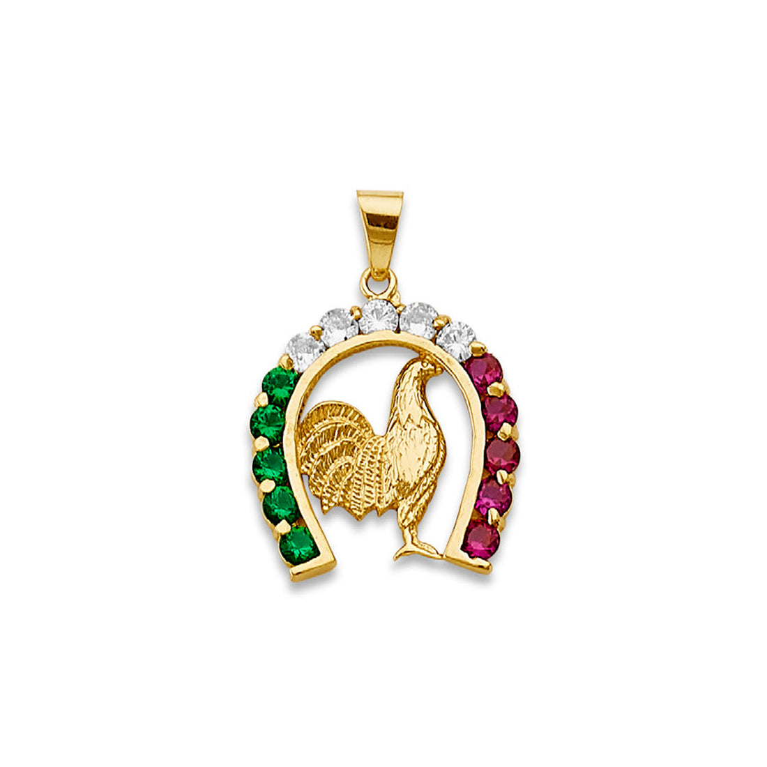 Yellow Gold Round Multicolor CZ Mexican Rooster Horseshoe Charm Pendant