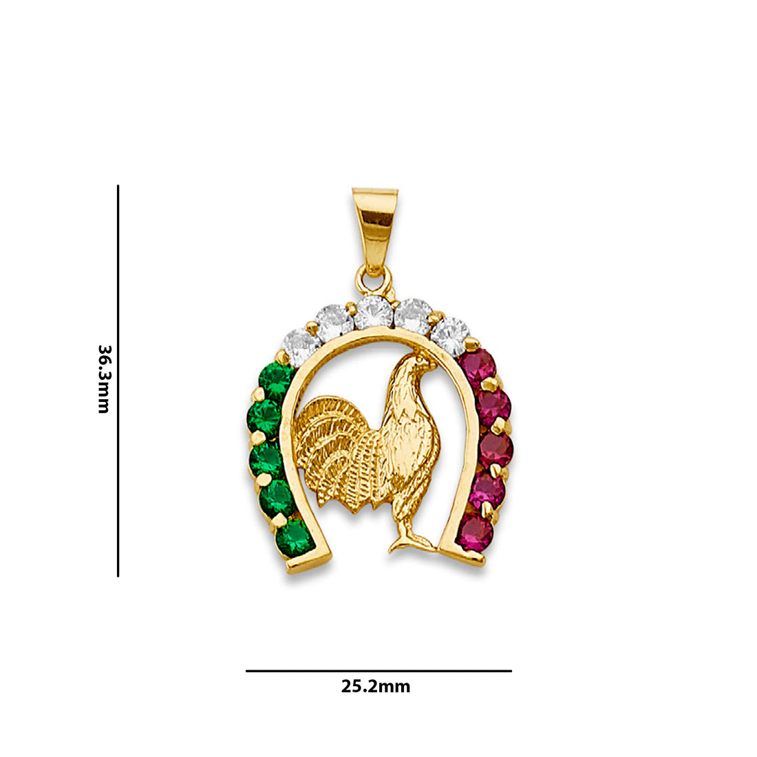 Yellow Gold Round Multicolor CZ Mexican Rooster Horseshoe Charm Pendant with Measurement